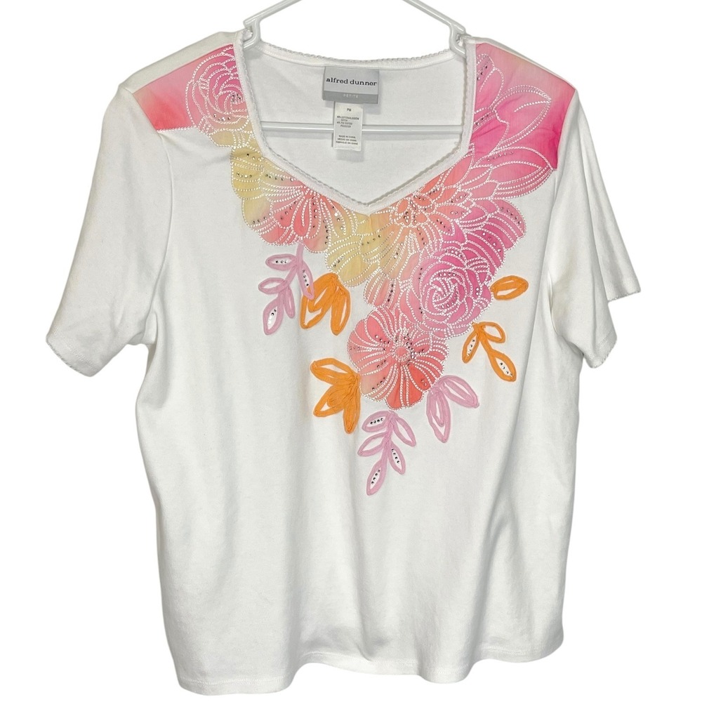 Alfred Dunner PM White Top Floral Rhinestone V-Neck GrandmaCore Coastal Summer